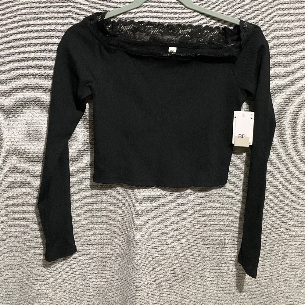 BP Black Long Sleeve Crop Top with Lace Detail